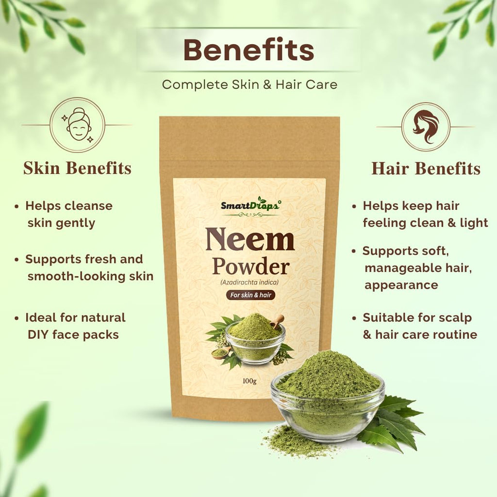 Smartdrops Neem Powder for Hair Scalp Care and Hair Pack Preparation DIY Hair Mask Mixing Powder for Weekly Routine | Neem Powder for Skin Face Pack Preparation Refreshing Skin Care | 100g (Pack-1)