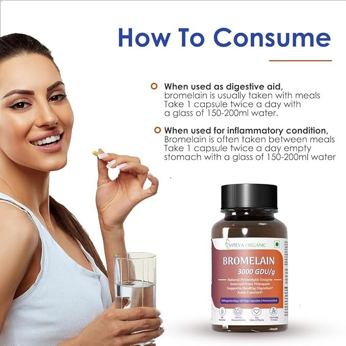 Viteva Organic High Potency Bromelain Digestive Enzyme 3000 GDU/g - 500mg - 60 Veg Caps
