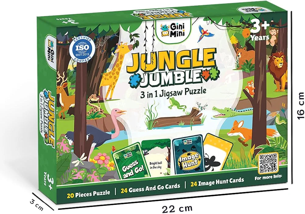 GiniMini Jungle Jumble 3-in-1 Jigsaw Puzzle - 20 Pieces, Image Hunt & Guess & Go Cards - Fine Motor, Cognitive, Vocabulary Skills for Kids 3+ Years