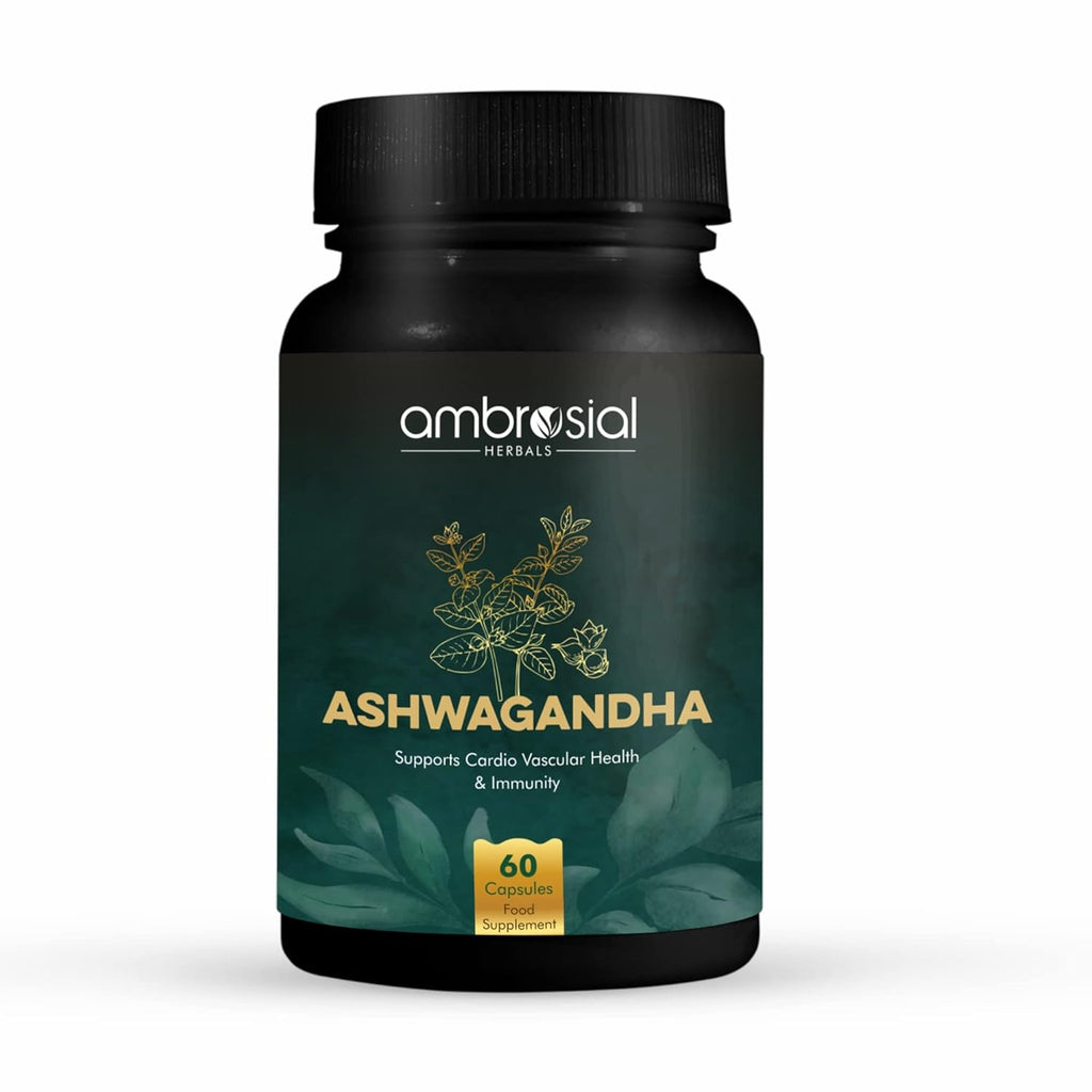 Ambrosial Ashwagandha 500mg | Herbal Supplement | 100% Natural & Vegan | High Strength | Immunity Support (Pack of 1-60 Capsules)
