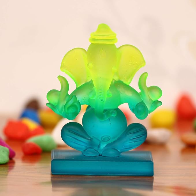 Ecraftindia Green and Blue Double Sided Crystal Car Ganesha Showpiece
