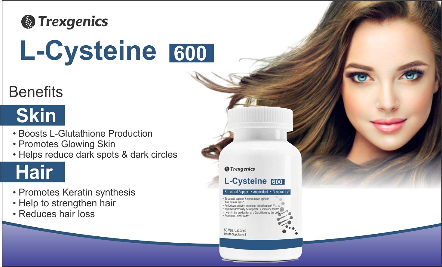 TrexgenicsÂ® L-CYSTEINE 600mg Amino acid for Structural Support, Antioxidant, Respiratory, Skin, Hair & Nails (60 Vcaps) (1)