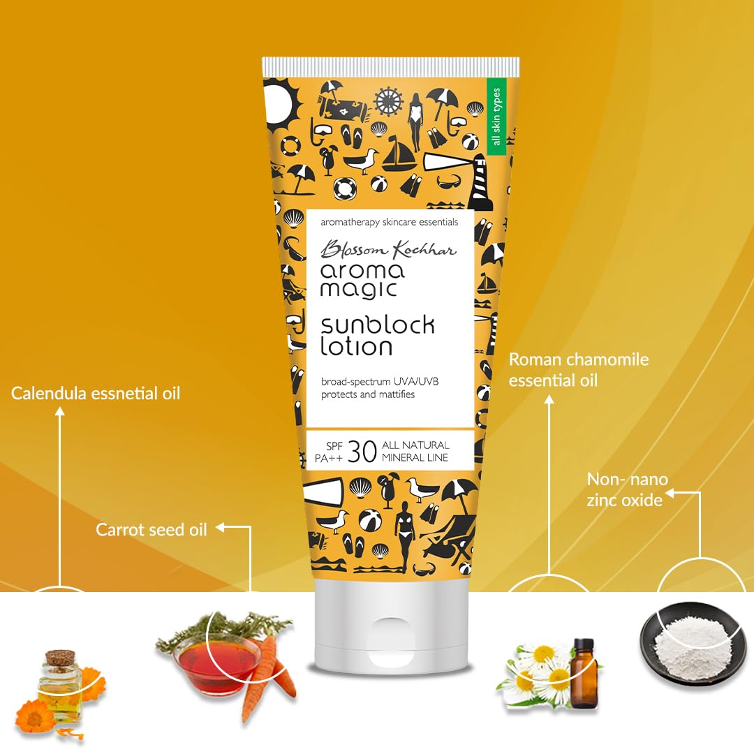Aroma Magic Matte Sunblock Sunscreen Lotion | SPF 30 PA++ Protection with Non-Nano Zinc Oxide | No Parabens, Alcohol-Free | Calendula, Chamomile | Chemical-Free | All Skin | 100ml | Pack of 1