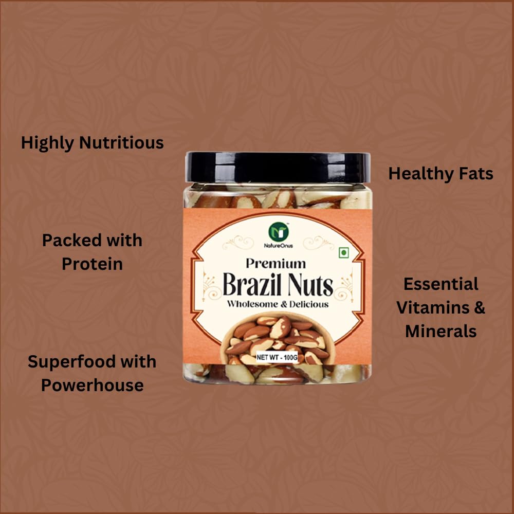 NatureOnus Brazil Nuts 100g, Premium | Rich in Selenium and Antioxidant Rich | Superfood | Have 1 Daily (Grade A ++ Nuts, Premium Jumbo Size, Imported) (100gms)