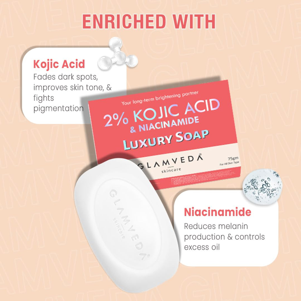 Glamveda 2% Kojic Acid Skin Lightening Soap with Niacinamide | For Dark Spots, Pigmentation & Sun Tanning | For Glass Skin | Clear Glow | All Skin Types | 75gm Pack of 1