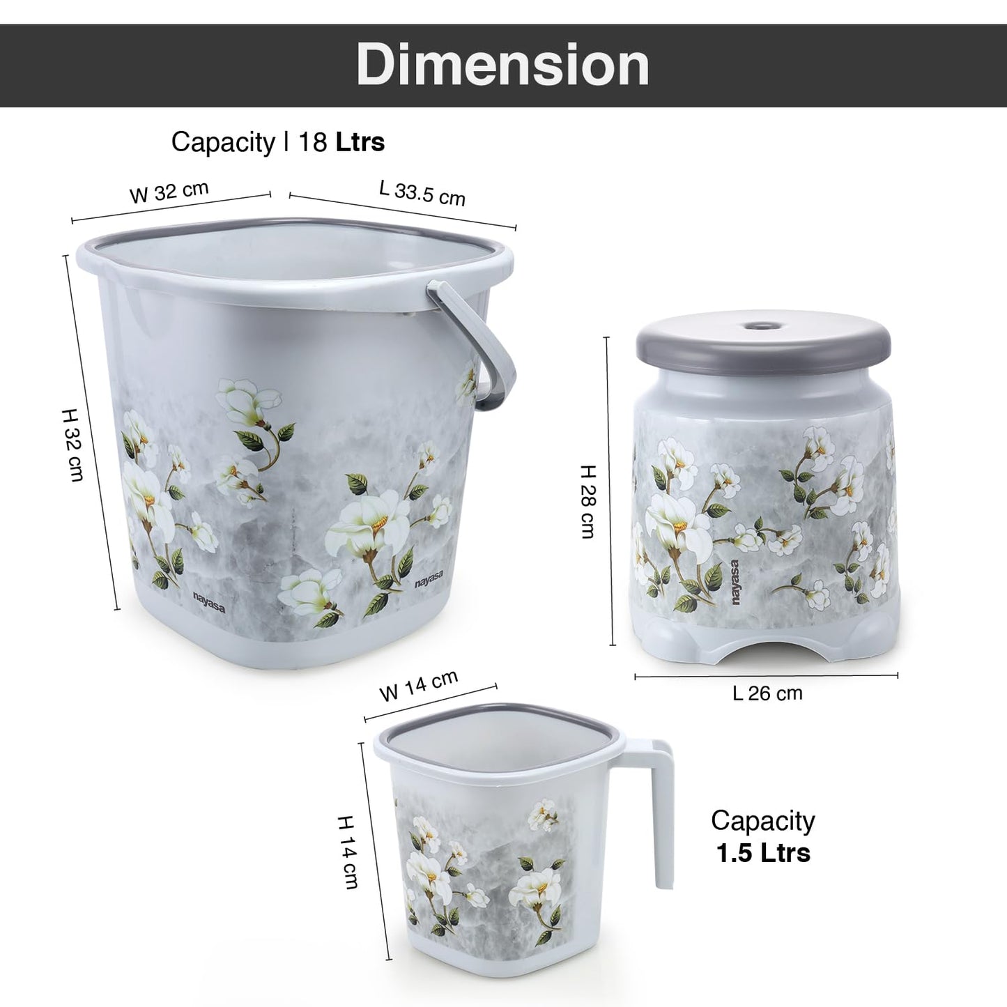 Nayasa Marble 3 Pcs Bathroom Set|Bucket 18 L + Mug 1.5 L + 508 Stool|Grey