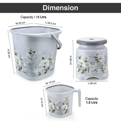 Nayasa Marble 3 Pcs Bathroom Set|Bucket 18 L + Mug 1.5 L + 508 Stool|Grey