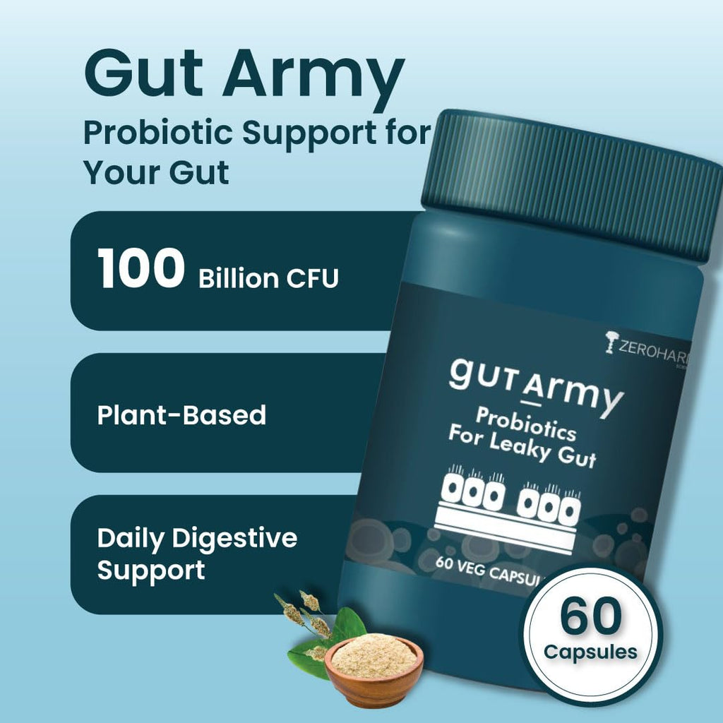 ZEROHARM Gut Army Probiotics For Leaky Gut | Gut Repair Supplements for Men & Women | L Reuteri, Lactobacillus | Supports Gastrointestinal Lining, Gut Cleanse & Digestion | 60 Veg Capsules