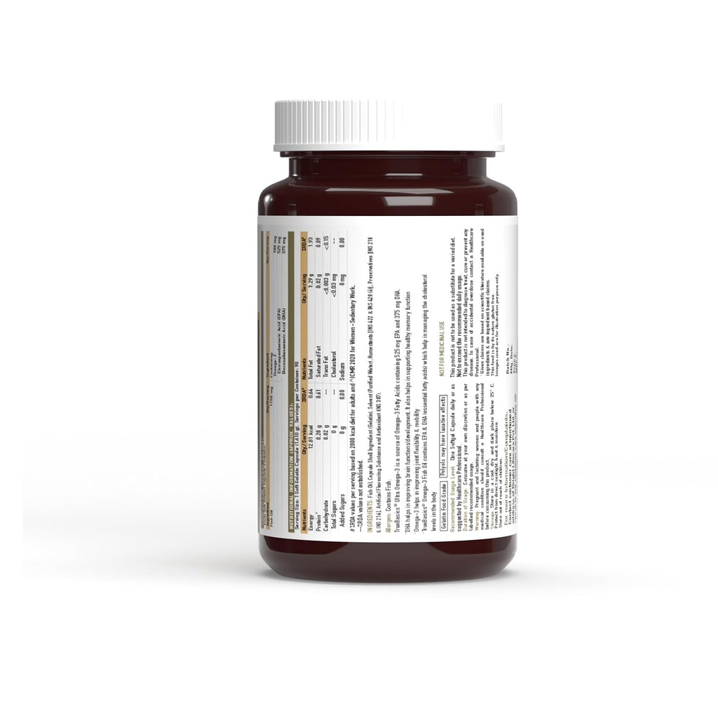 TrueBasics Ultra Omega 3 Fish Oil (90 Capsules) | Triple Strength with 1150mg Omega 3, 525mg EPA & 375mg DHA | For Heart, Joints & Brain Health, 220 grams