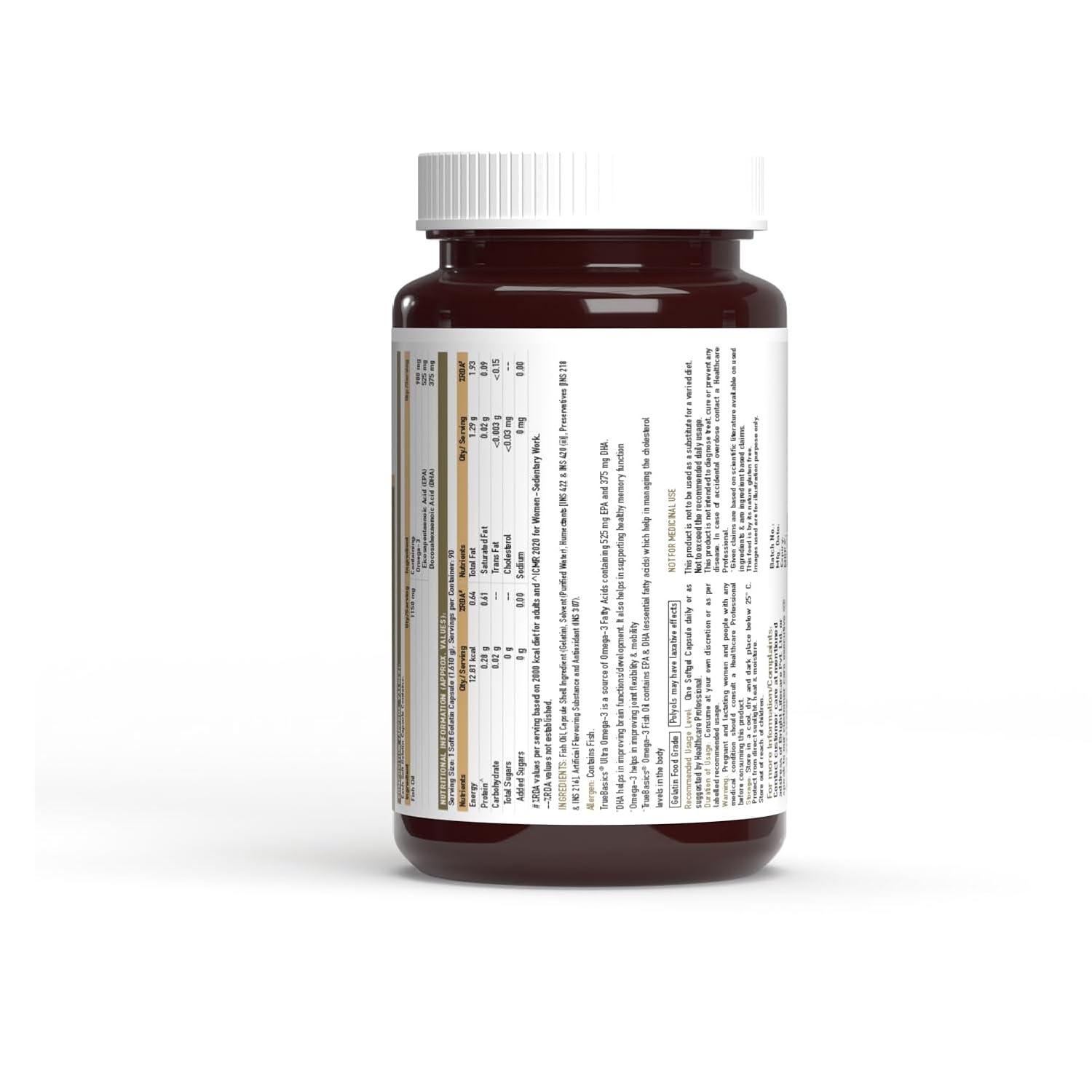 TrueBasics Ultra Omega 3 Fish Oil (90 Capsules) | Triple Strength with 1150mg Omega 3, 525mg EPA & 375mg DHA | For Heart, Joints & Brain Health, 220 grams