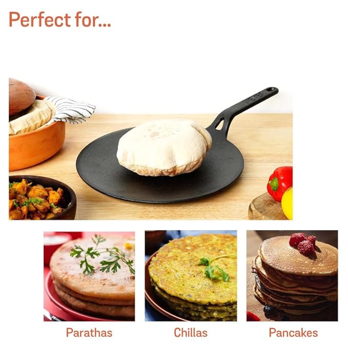Meyer Pre-Seasoned Cast Iron Roti Tawa Pan with Stick Handle 26cm Black