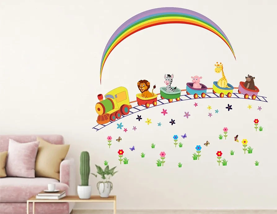 Heaven Decors Animals Cartoon Activity with Train Rainbow Flower Decorative Kids Room Sticker Multicolor