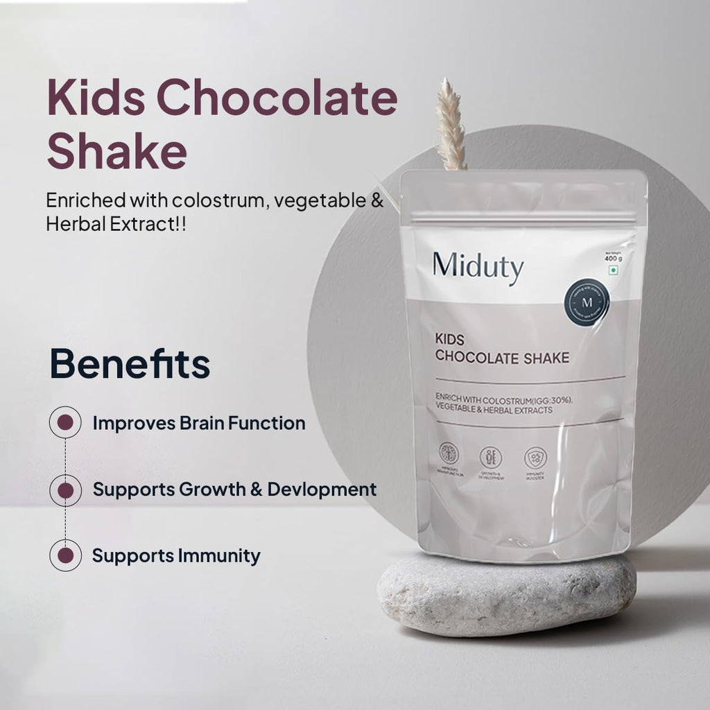 Miduty by Palak Notes Kids Chocolate Shake, Kids Chocolate Powder, Immunity Booster, Added Colostrum, Nutrient-rich Blend of Vitamins, Minerals, MCT Powder, Brahmi Extract, Brain Immunity - 400g