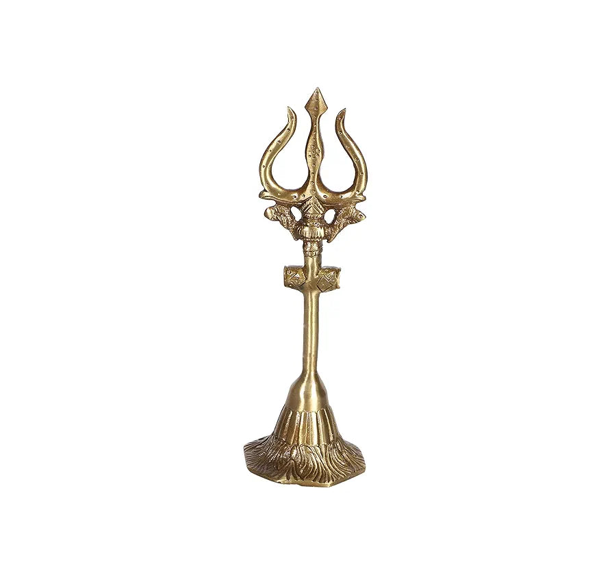 Two Moustaches 8 Inches Brass Shiva's Trishul with Damru Antique Finish