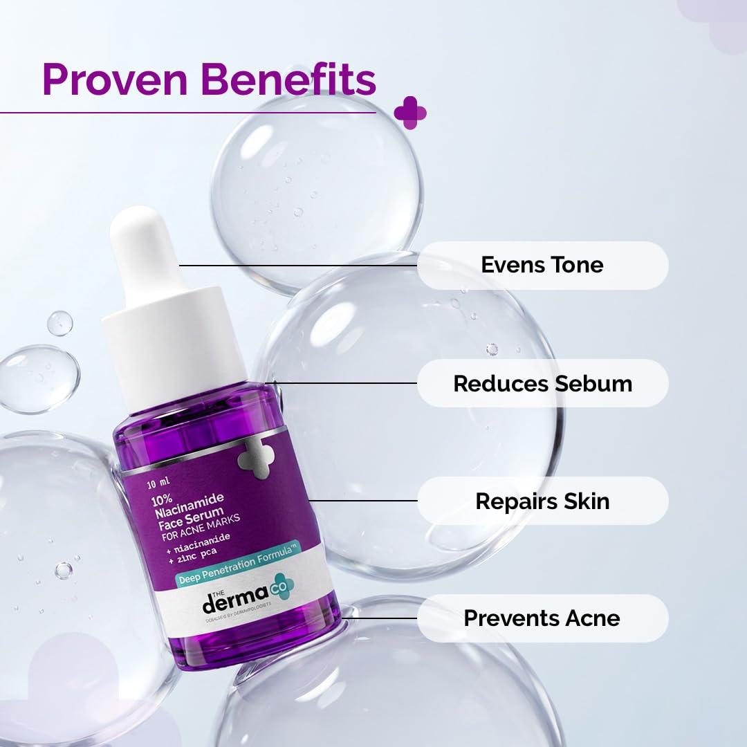 The Derma Co 10% Niacinamide Serum with 2% Zinc, Powered by Deep Penetration Formulaâ„¢ | Fades Acne Marks, Controls Oil & Reduces Dark Spots | 10 ml