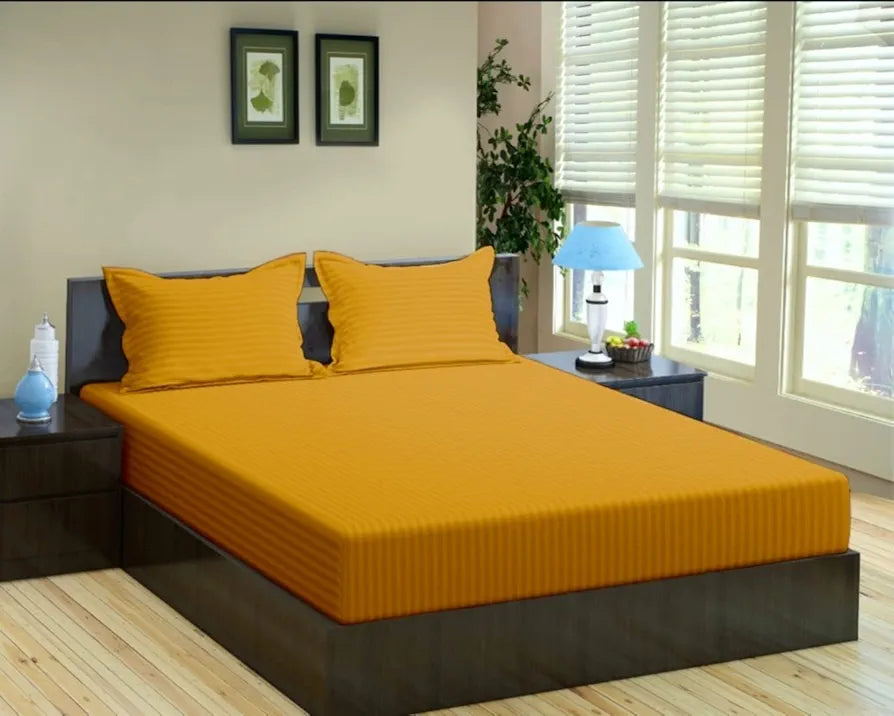 Trance Home Linen 100% Cotton 78x60 inch Queen Fitted 200TC Satin Stripe Elastic Fitted Bedsheet with 2 Pillow Covers Colour Mustard Yellow