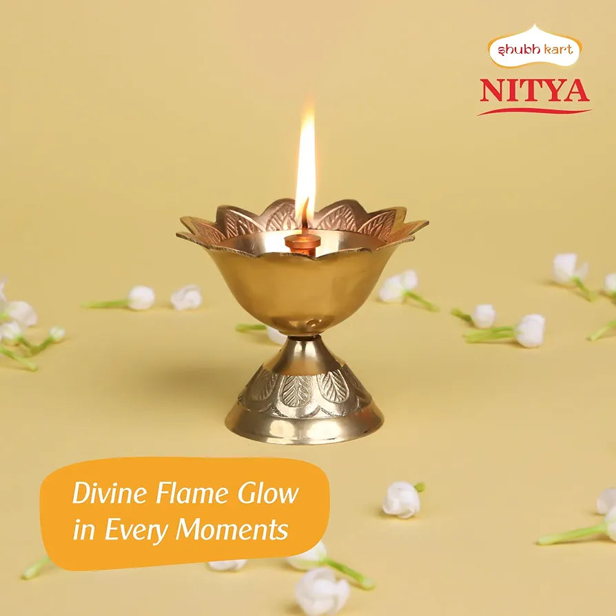 Shubhkart Nitya Devdas Deep Brass Diya  Brass Devdas Diya Oil Puja Lamp Engraved Design Table for Home Mandir Office Festival Puja Gifts Decor  - 90 GMS