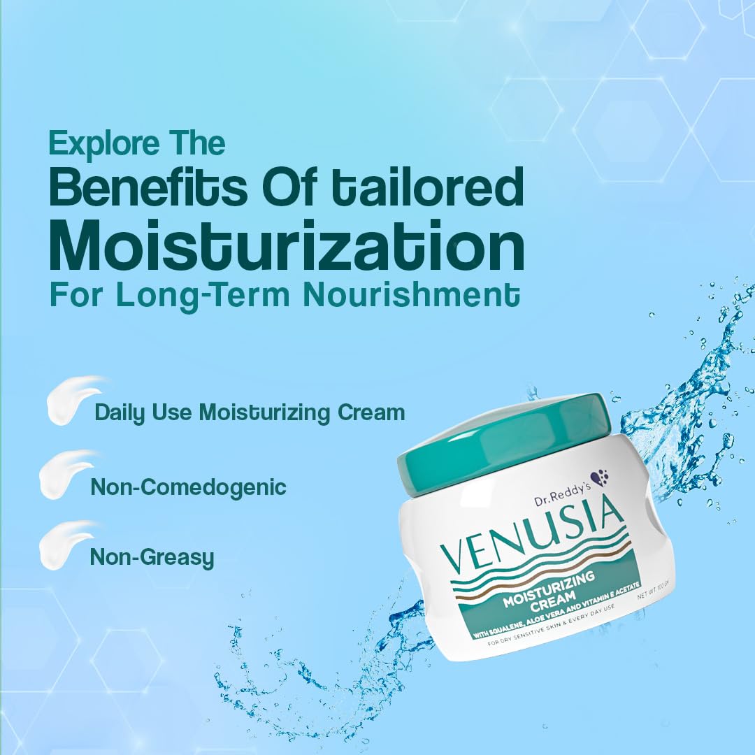 Dr. Reddy Venusia Moisturizing Cream With Aloe Vera, Vitamin E and Squalene, Everyday Use Cream, Smooth and Moisturized Skin for Long Hours, Non-Greasy