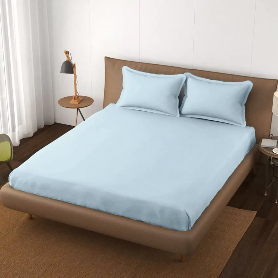 Trance Home Linen 100% Cotton 78x60 inch Queen Elastic Fitted Bedsheet 400TC Premium Queen Double Bed Size with 2 Pillow Covers Colour Sky Blue