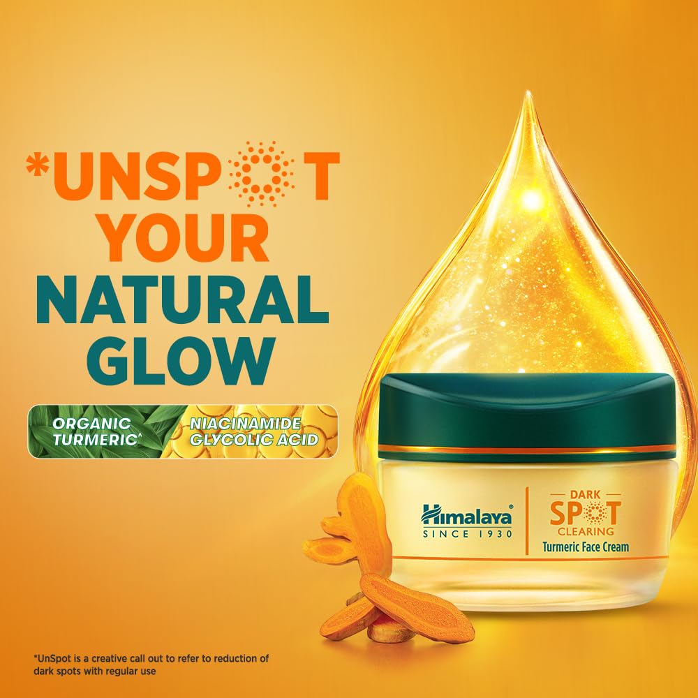 Himalaya Dark Spot Clearing Turmeric Face Cream | Organically sourced Turmeric | Reduce dark spots in 7 days | 2% Glycolic Acid & 2% Niacinamide | 50g