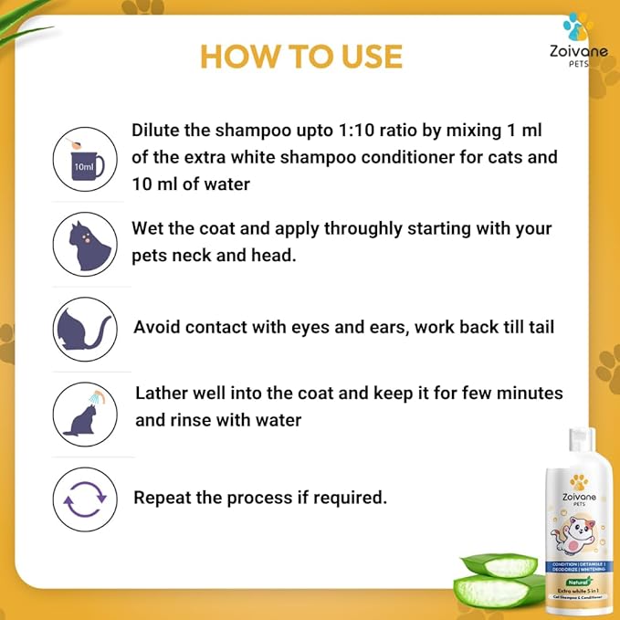 Zoivane 5 in 1 Extra White Cat Shampoo With Conditioner 200ml | Reduces Hair Fall | Enhances Coat Brightness | Pack of 1
