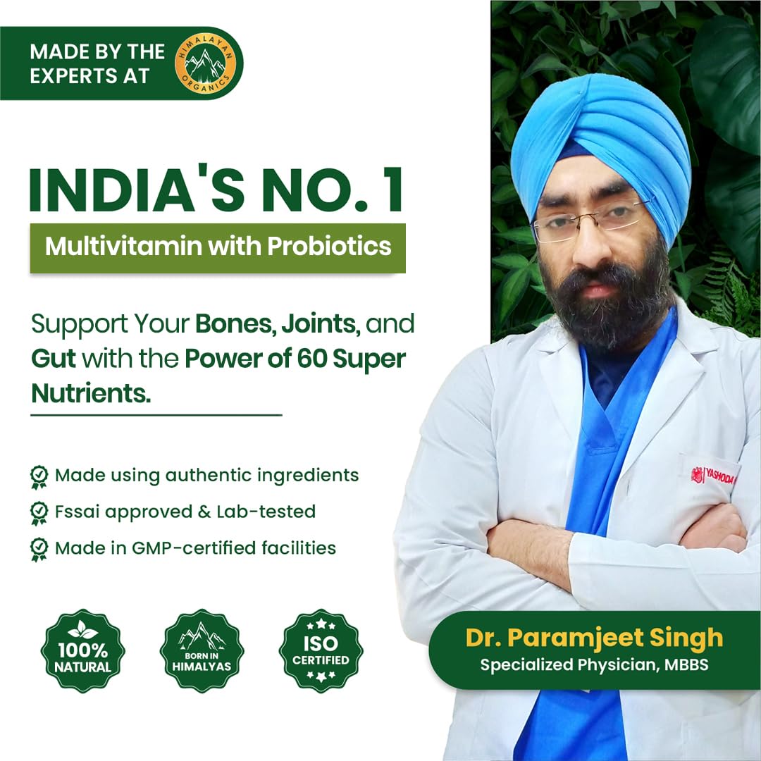 Vladoâ€™s Himalayan Organics Multivitamin Tablets for Men & women With Probiotics - 60+ Ingredients multi Vitamins Supplement For Men And Women | VItamin B1,B2,B3,B5,B6B9,B12,C,E,A,K2,D Magneisum with 5B CFU Probiotic Blends 60 Veg Tablets