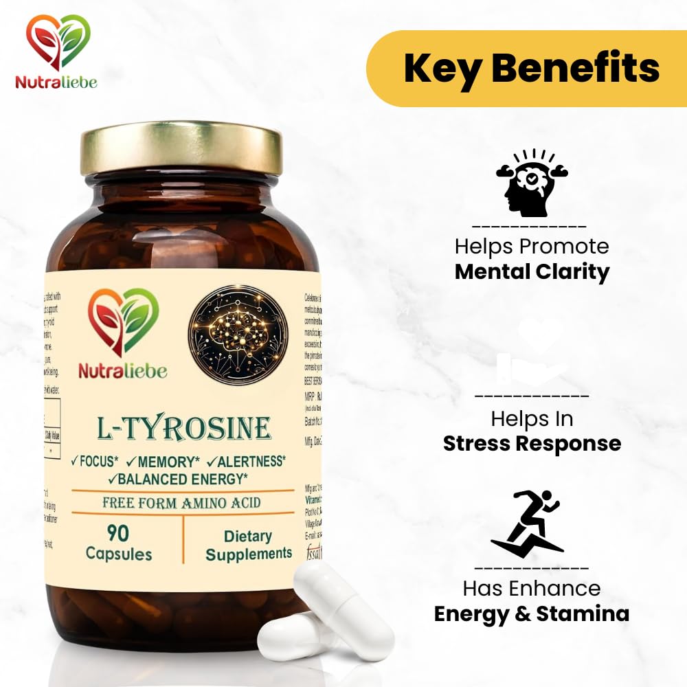 Nutraliebe L-Tyrosine 500mg - Free Form Amino Acid, Non-GMO, 90 Capsules
