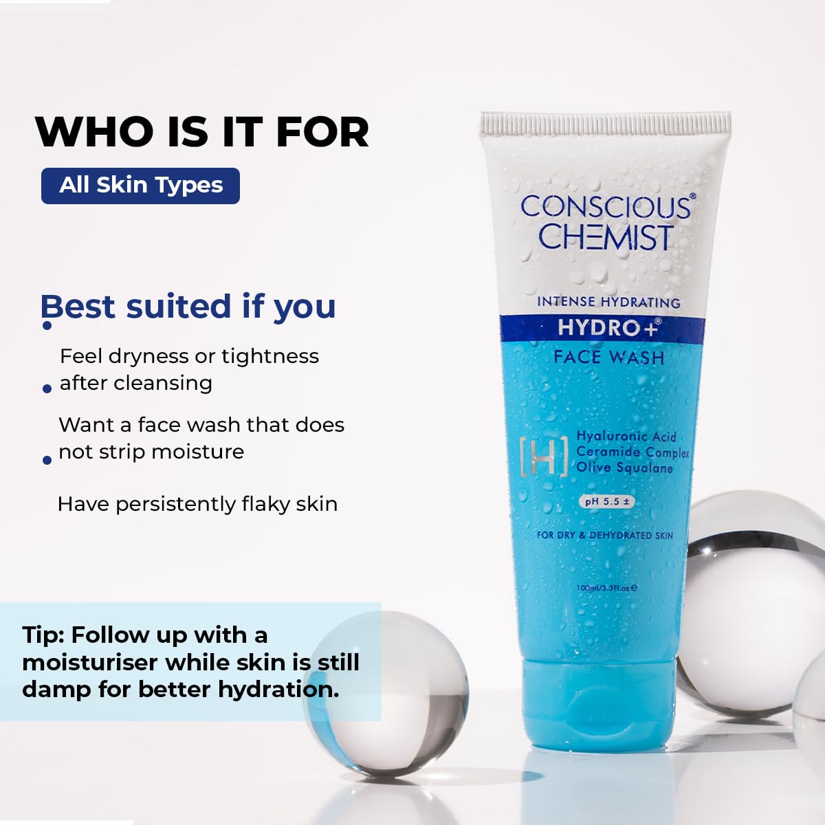 Conscious ChemistÂ® Gentle Face Wash for Dry Skin | 100ml | Hydrating Cleanser for Face with Hyaluronic Acid, Ceramides and Ginseng Extract, Treats Dull and Dehydrated Skin for Women & Men - Hydro+