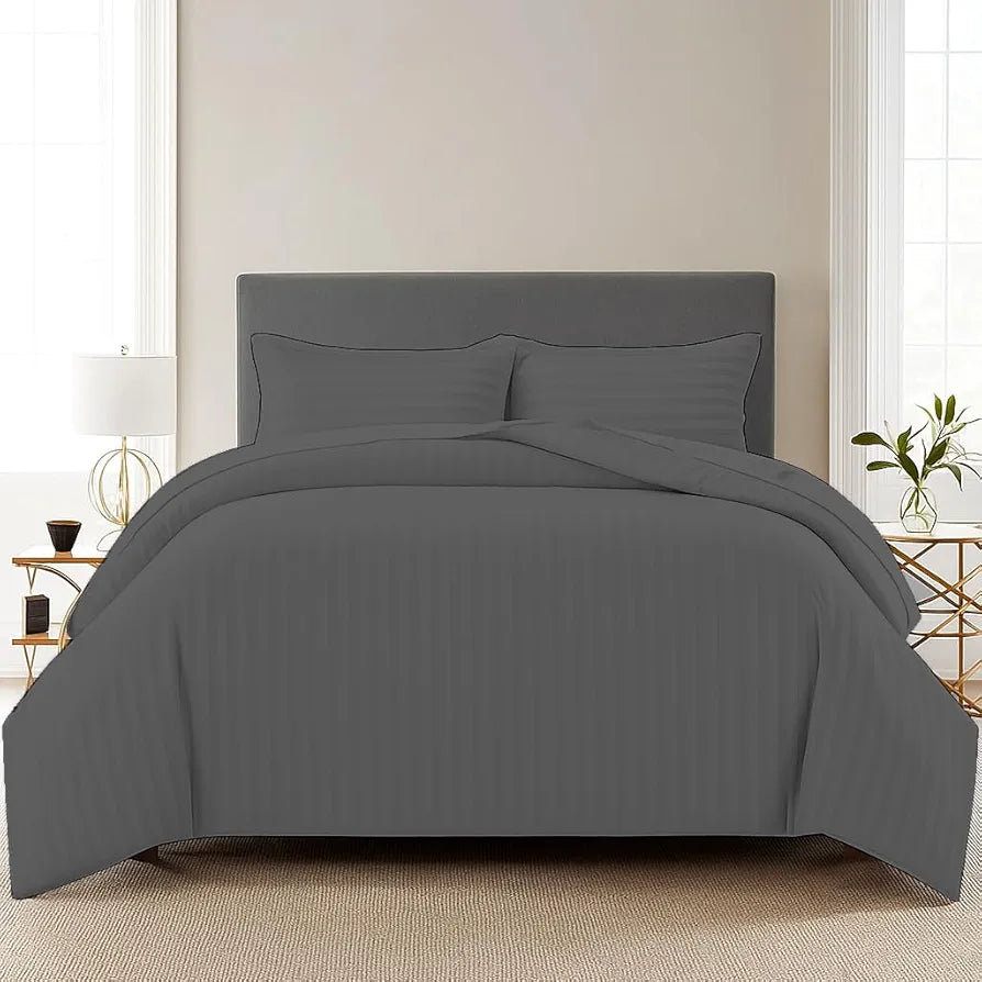 Trance Home Linen Zippered 100% Cotton 200TC Satin Stripe King Size Duvet Cover Quilt Cover Blanket Cover Razai Comforter Cover with 2 Pillow Covers  Colour Steel Grey