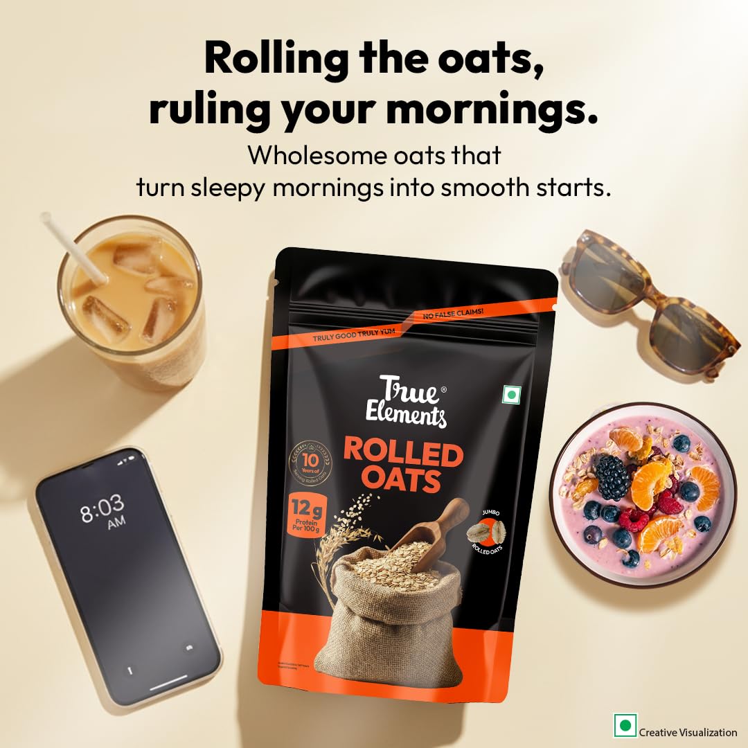True Elements Rolled Oats 1.2kg - Monthly pack | Wholegrain High Fibre, High protein Oats | Keeps You Fuller Longer | Perfect for overnight oats, smoothies & baking
