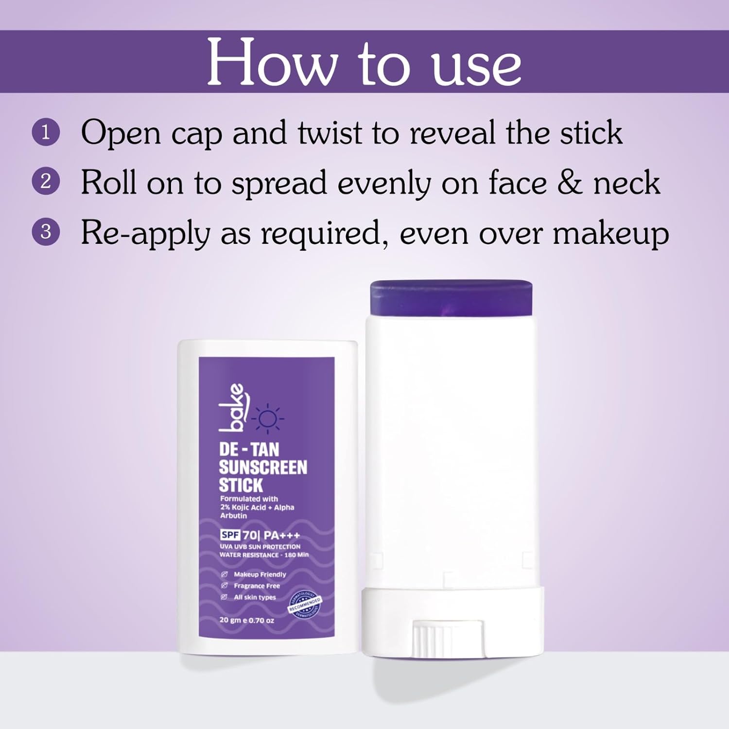 BAKE De-Tan Water Resistant Sunscreen Stick SPF 70 PA++++ with 2% Kojic Acid & Alpha Arbutin | Lightweight, No White Cast | For All Skin Types | For Pigmentation & Dark Spots - 20g