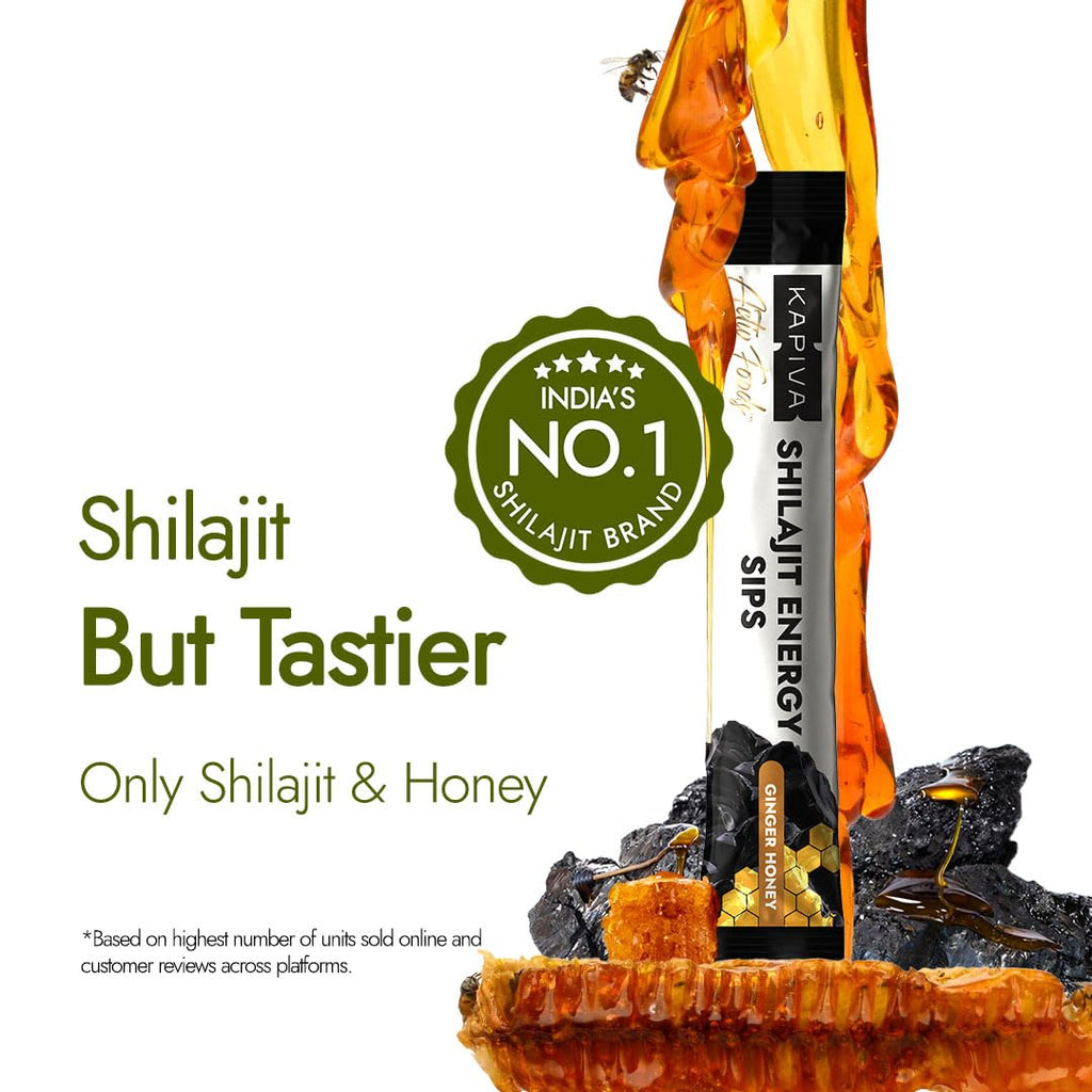 Kapiva Shilajit Energy Sips | With 100% Pure Shilajit/Shilajeet | 250mg Shilajit/Stick | Boosts Energy & Stamina | 30 Sachets | Ginger Honey Flavour
