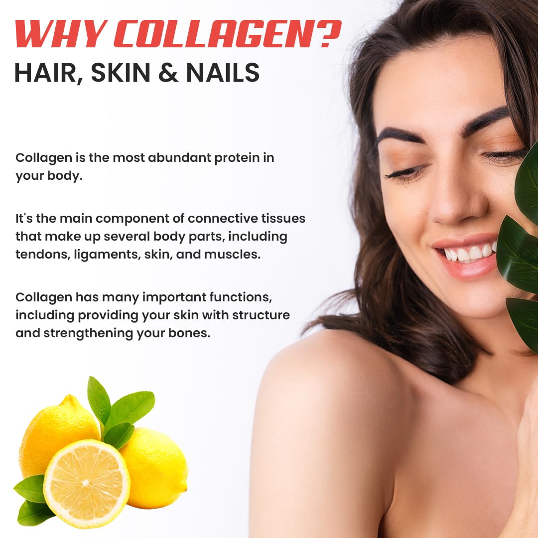 NATURYZ Marine Collagen Skin X5 for Women & Men | Premium Collagen Peptides | Power of 5 Blends | Hyaluronic acid, Biotin & Vitamin E | Supports Skin Radiance, Healthy Hair, Nails, Bone & Joints â€“ 150g(Lemon Flavour)