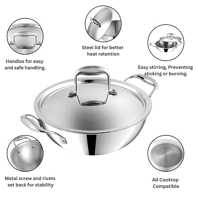 Vinod Platinum Triply Stainless Steel Extra Deep Kadai with Lid 2.5 Litre (22 cm) | 2.5mm Thick | Stainless Steel Cookware