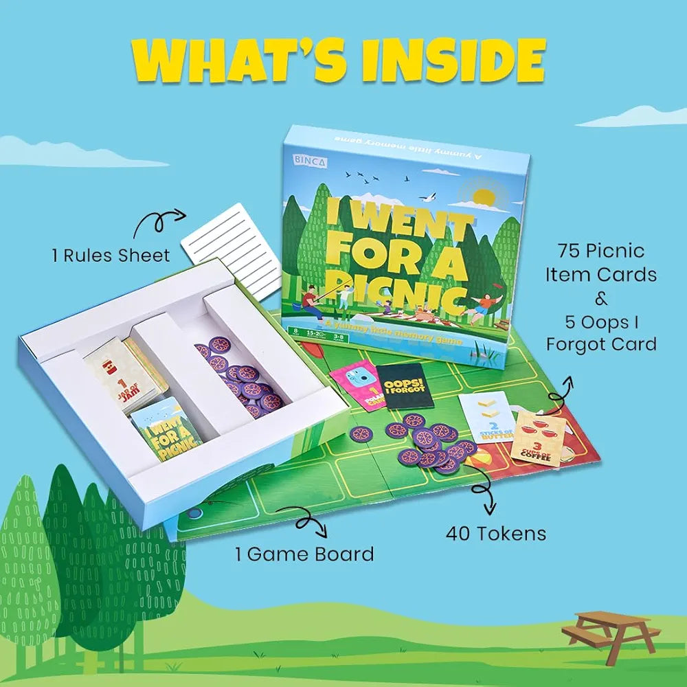 Binca Board Game - I Went for a Picnic, Fun Memory Game for Kids Ages 6 and Up, Cognitive & Concentration Building, Gifts for Boys & Girls, 2-4 Players