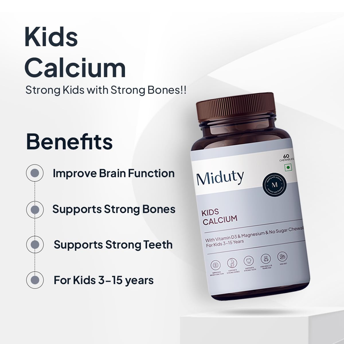 Miduty by Palak Notes Kids Calcium with Vitamin D3 - K2 Magnesium No Sugar Added for Strong Bones, Brain Function, Immunity Booster, Strong Teeth Calcium Supplement Kids Multivitamin - 60 Chewables