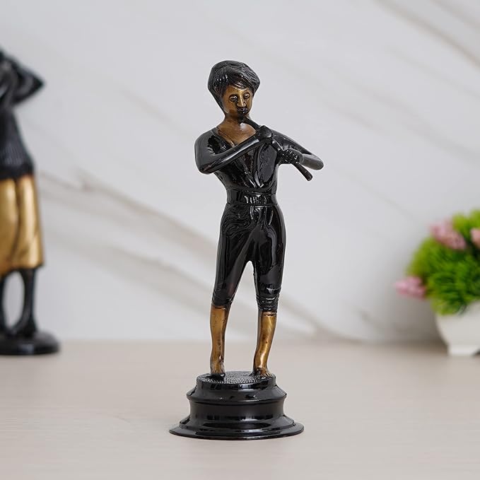 Ecraftindia Brown & Golden Man Playing Musical Instrument Antique Finish Handcrafted Decorative Brass Showpiece