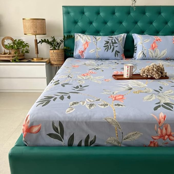Urban Space Serene Cotton Bedsheet for Double Bed 2 Pillow Covers (Colour Bloom ray Grey)