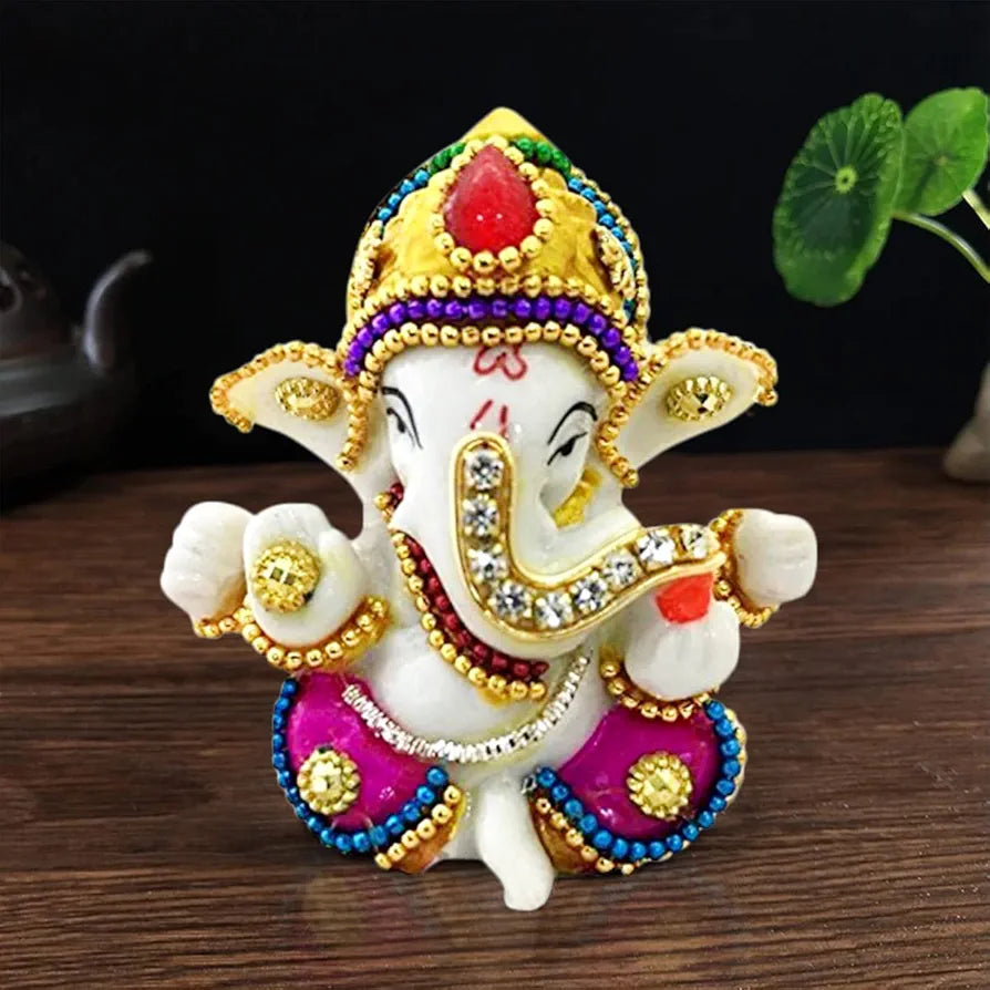 Karigaari India White Stone God Ganesha Car Dashboard Decor Statue