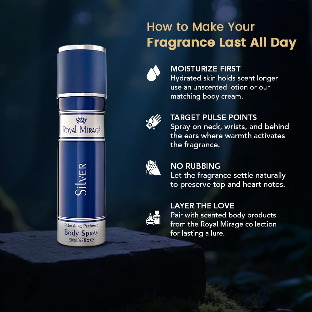 Royal Mirage Silver Body Spray | All-Day Freshness | Unisex Perfume | Timeless Sophistication | Long-Lasting Fragrance | Citrus, Floral & Woody Notes | Affordable Luxury | 200ml