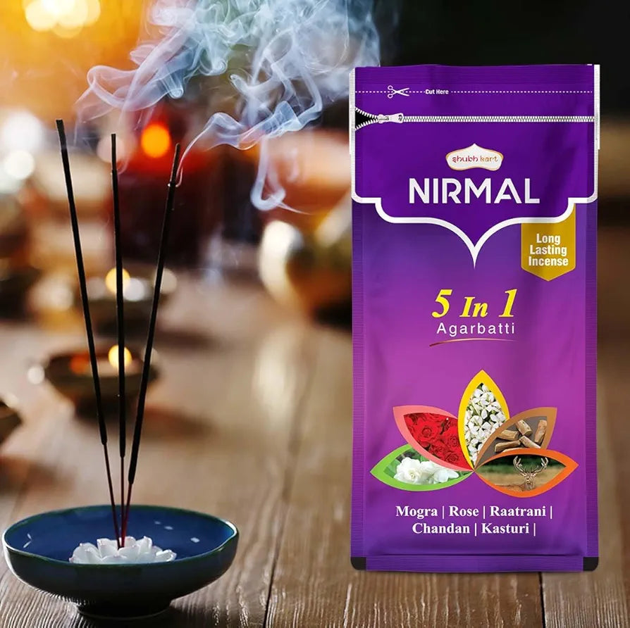 Shubhkart Nirmal 5 in 1 Agarbatti Pack 150g Long Incense Sticks Charcoal Free Natural Fragrance Zipper Pack