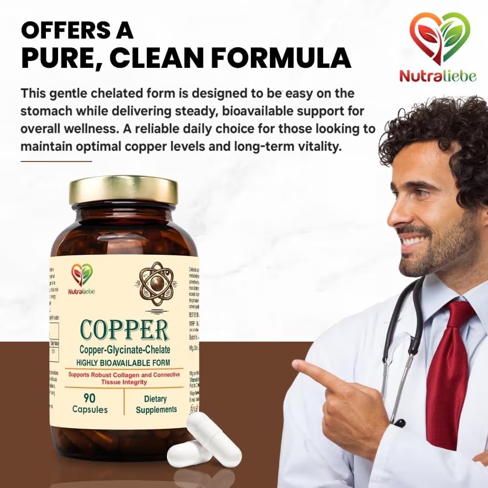 Nutraliebe Copper Glycinate Chelate - High Bioavailability, Supports Collagen Formation and Connective Tissue Health, 90 Capsules