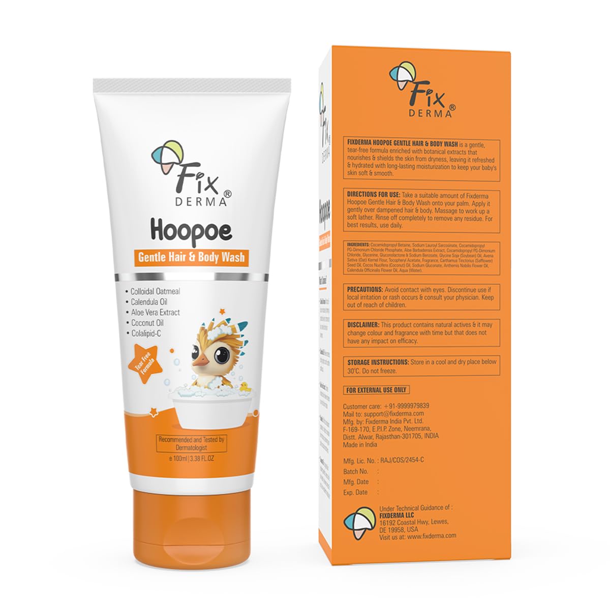 Fixderma Hoopoe Gentle Hair & Body Wash for Kids with Colloidal oatmeal, Aloe Vera Gel Extract, Calendula & Coconut Oil|Top to Toe wash for Baby | Tear Free Formula | Dermatologist Tested (100 Ml)
