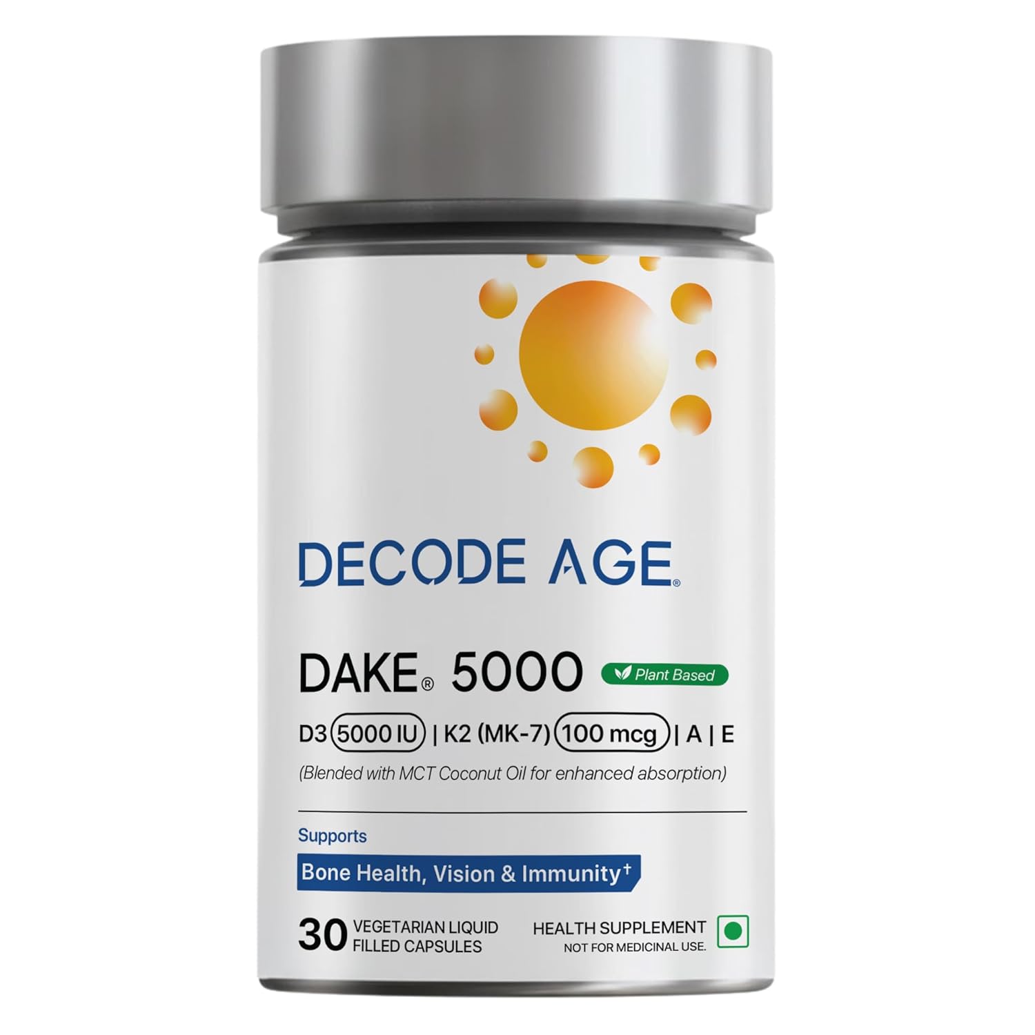 Decode Age DAKE 5000 IU | Vitamin D3 K2 Supplement with Vitamins E & A in MCT Oil for Bone, Immune, Heart and Vision Support | Vegan Capsules | 1 Month Supply