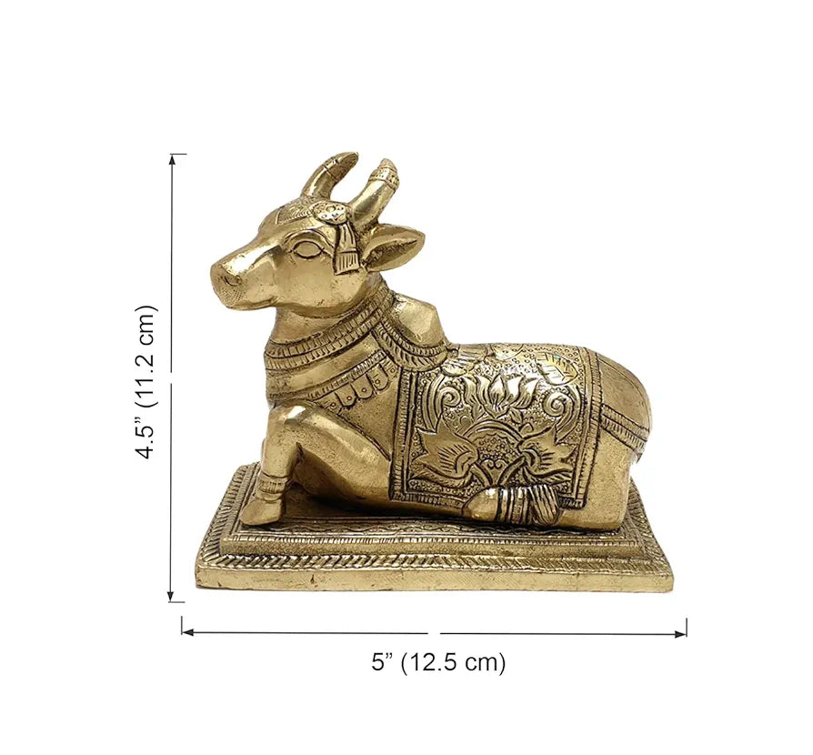Two Moustaches Lotus Engraved 5 Inches Brass Nandi Cow Over Base