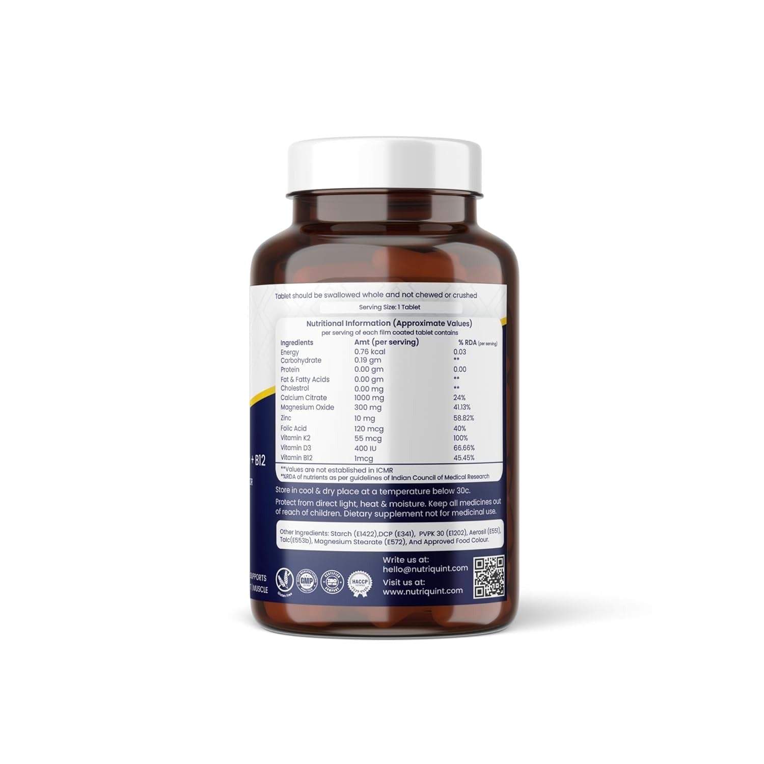 NutriQuint Calcium with Magnesium Zinc Vitamin D K2 & B12 for Women & Men - 60 Tab