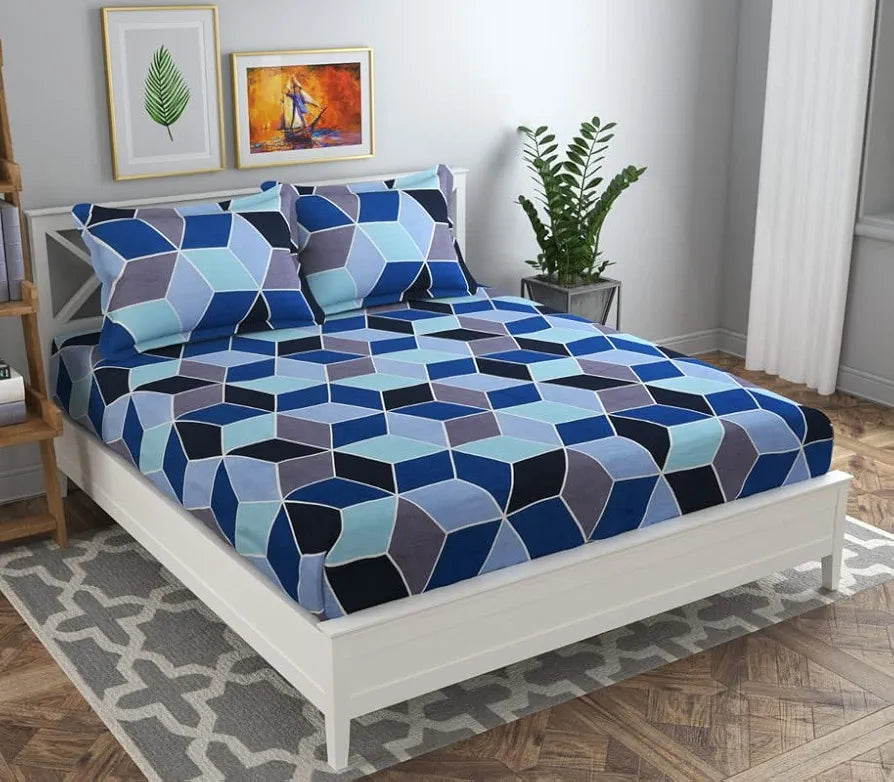 HomeKart 144 TC Prime Double Bedsheets with 2 Pillow Covers Soft Brushed Microfiber Long Lasting 3 Pcs Set Blue & Grey