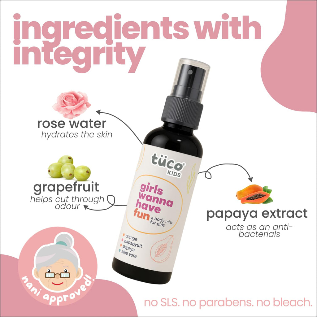 TucoÂ® Kids Natural Magic Mist for Girls | Body Spray | Gentle & Safe Perfume for Kids and Baby | Long Lasting with Mild & Delicate Fragrance | Papaya & Rose Water Extract | 100ml