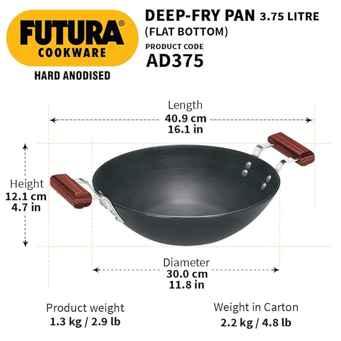 Hawkins Futura 3.75 Litre Deep Fry Pan Hard Anodised Kadai Flat Bottom Kadhai