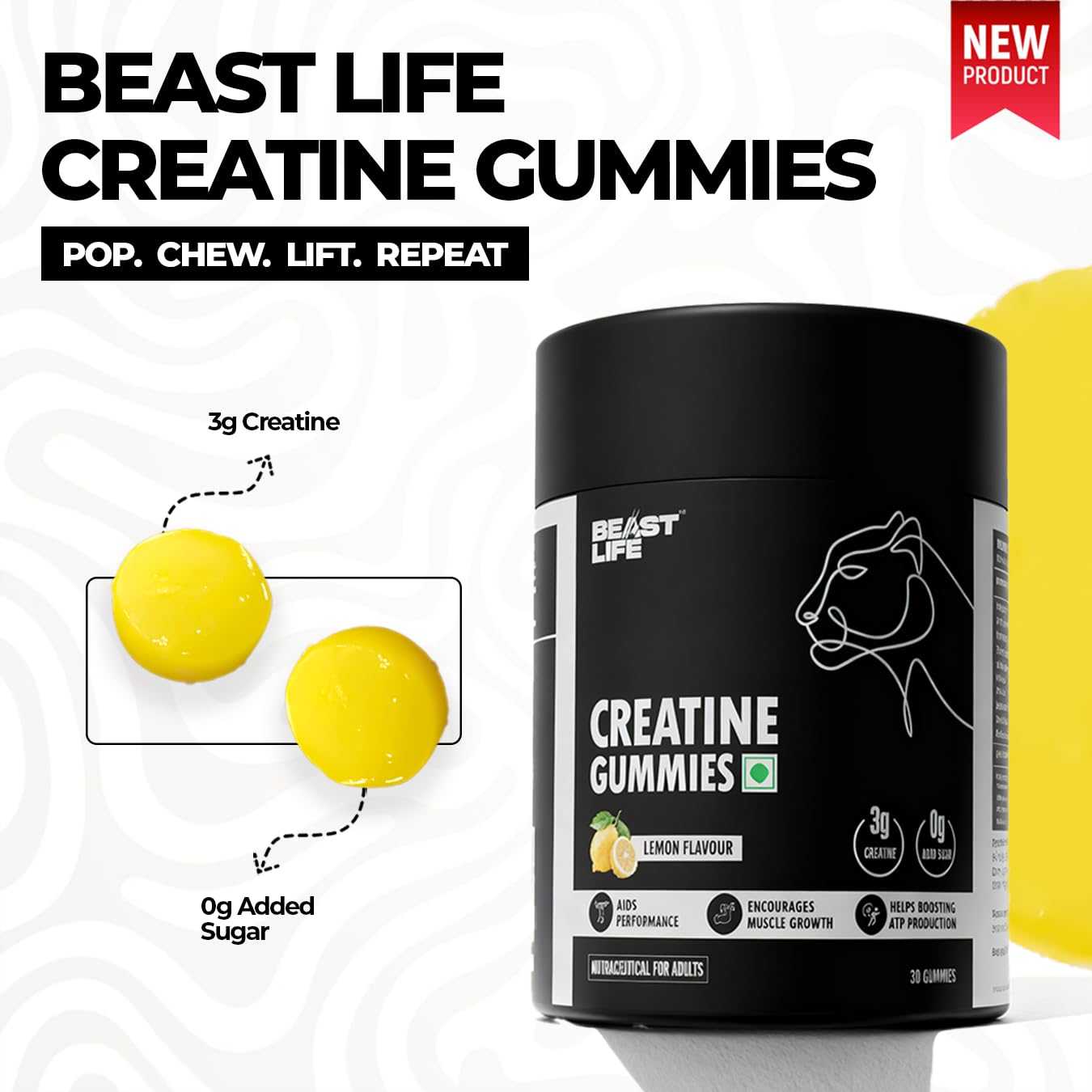BeastLife Creatine Gummies | Lemon Flavour | 3g Creatine Monohydrate Per Serving | Boosts Energy, Strength, Endurance & Muscle Building Support | Fast Recovery | Zero Added Sugar | 30 Gummies